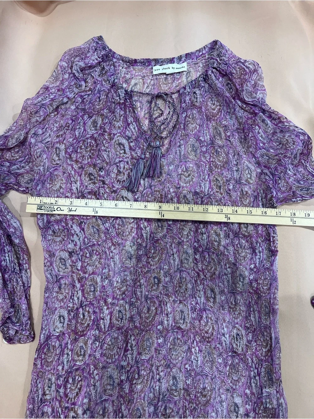 Love Shack By Anouska Purple Paisley Tassel Tie Sheer Boho Blouse Top XL Beach - Picture 8 of 8